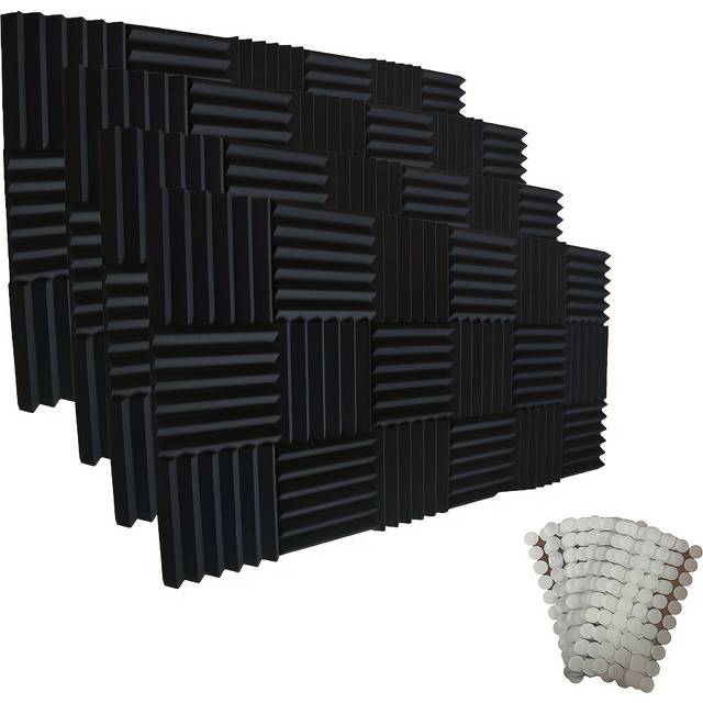 TEMU 52pcs Smoll Acoustic Black Acoustic Foam Panels, 12"x12"x1" Wedge, Sound Proofing For Studio, Piano, Music Room, Ktv, Echo Reduction, Mid-high Frequency Absorption, Nano Adhesive Tape Included