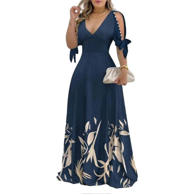 (XL, Navy blue) Womens Floral Dress Wedding Guest Long Dress Ladies Elegant Deep V-neck Cocktail Dress
