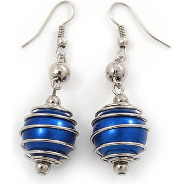 Silver Tone Navy Blue Faux Pearl Drop Earrings - 5.5cm Drop