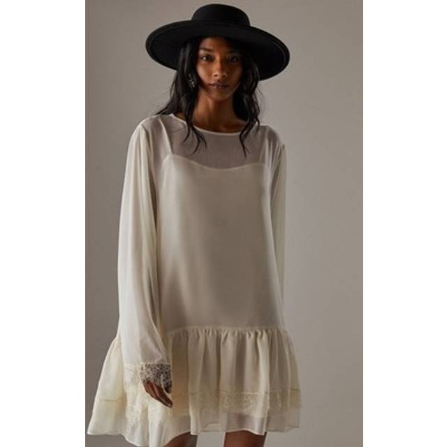 Warehouse Chiffon Lace Flared Sleeve Drop Hem Mini Dress In Cream - cream - 8