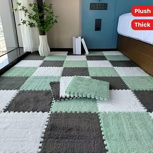 TEMU 18pcs Plush Foam Interlocking Square Carpet Tiles With Border, Soft Climbing Area Rug For Room Decor, Polyester Fiber, Mixed Color