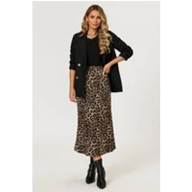 Leopard Print Satin Midi Skirt In Brown - XS
