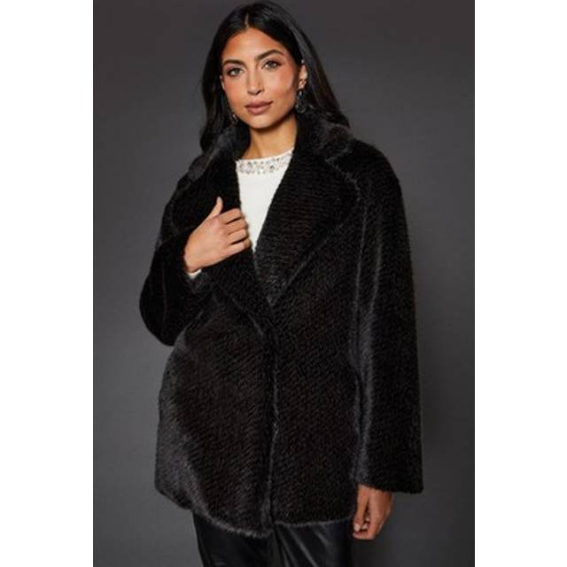 Wallis Womens Jacket Black Luxurious Two Tone Faux Fur Coat Oversized Lapels
