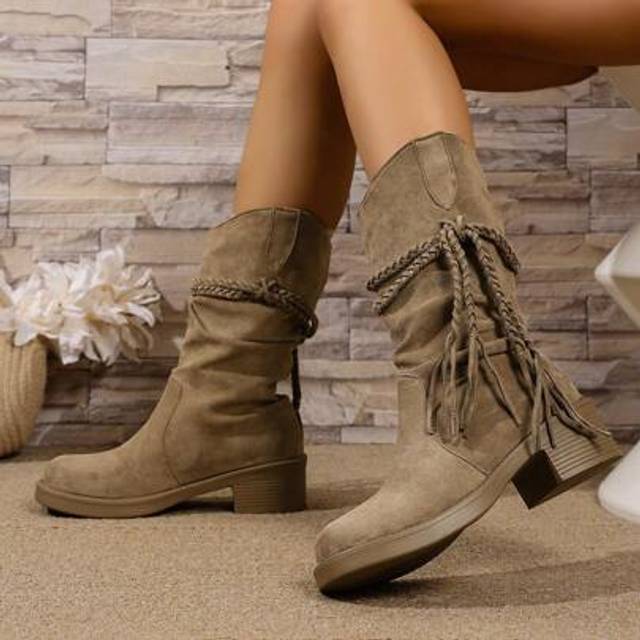 SHEIN Women&#39;s Fashion Suede Ankle Boots, Retro Fringe Design, Chunky Heel Comfortable Mid-Calf Western Boots, Bohemian Fringe Short Boots, Retro Western Boo