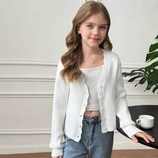 SHEIN Tween Girl Wavy Hem V-Neck Long Sleeve Knit Cardigan Sweater, Elegant Lady Style, Suitable For All Seasons, Versatile For Daily, Casual Outing, Back T
