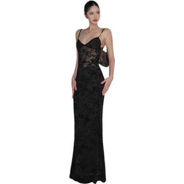 SHEIN Women Sheer Lace Cami Dress Slim Flower See Thorough V Neck Spaghetti Strap Open Back Long Dress For Party Club