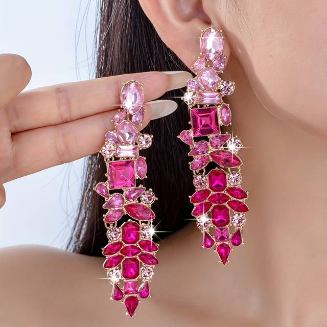 TEMU Pair Of Elegant Luxurious Full-drill Chandelier Earrings For Women - Sparkling Pink & Clear Gemstones, Alloy With Iron Posts, Weddings & Special Occasions