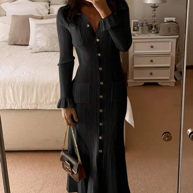 SHEIN Elegant Commuter Knit Dress, Fashion Long Knit Dress, Daily Slim Fit, Solid Color Versatile Front Button Pocket Design, Cream Yellow, Vintage High-End