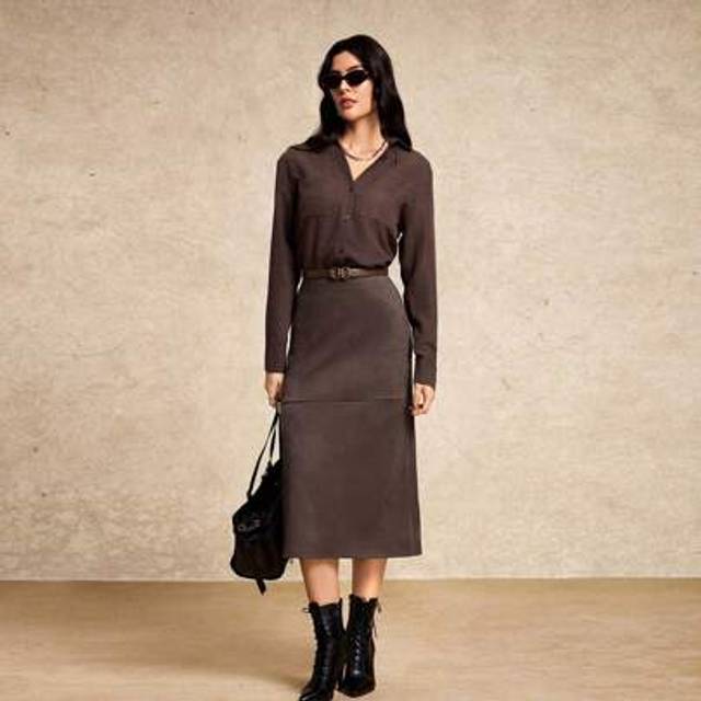 SHEIN Solid Brown Suede High-Waist Pencil Midi Skirt Women Elegant Old Money Office Fall Women Clothes Casual Spring Fall Fall Outfits Business Professional