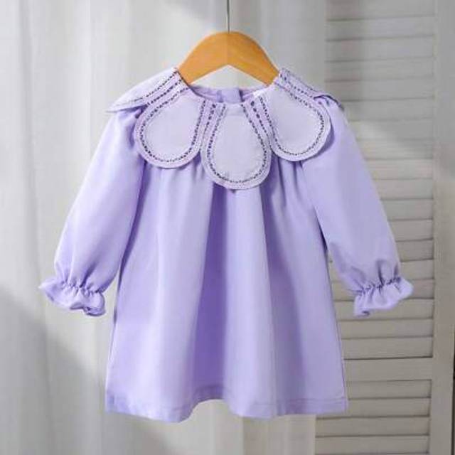 SHEIN Baby Girls&#39; Spring/Autumn Lavender Long Sleeve Dress, Delicate Floral Lace Trim Collar, Fashionable & Adorable, Suitable For Performances, Casual Wear