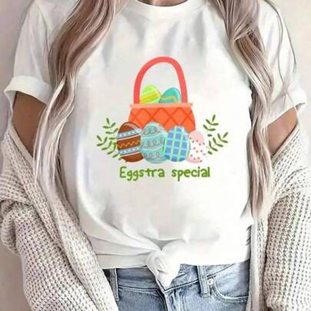 SHEIN Women&#39;s Easter Eggstra Special T-Shirt - Cute Basket Design With Colorful Eggs, Short Sleeve Crew Neck Tee For Spring & Summer, Easter Celebration Shi