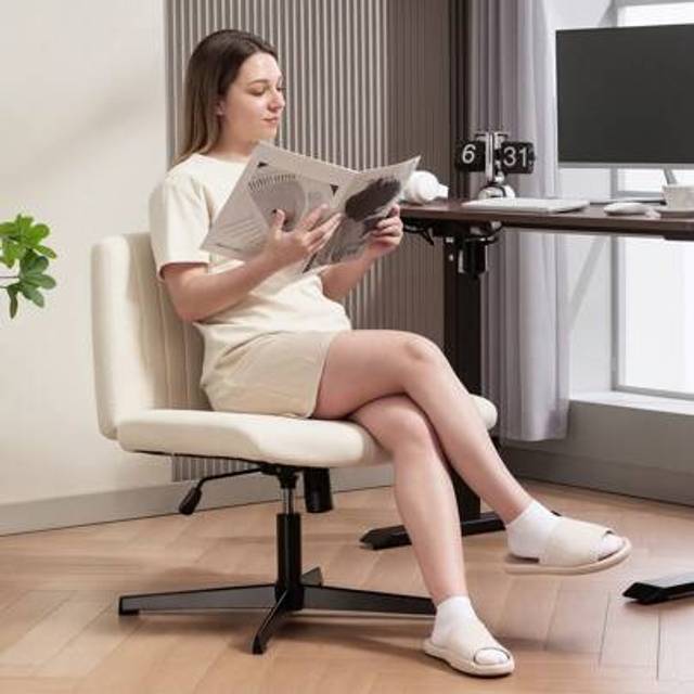 SHEIN HOMCOM Armless Office Chair No Wheels, Linen Fabric Criss Cross Legged Desk Chair With Wide Seat, Thick Padding, Tilt Function, Height Adjustable Swiv