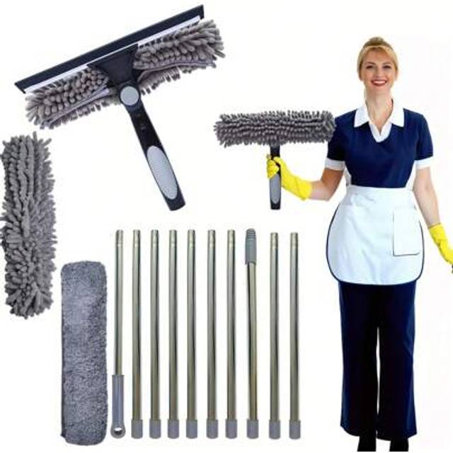 SHEIN 4.5M Window Squeegee Cleaning Equipment, 3-IN-1 Extendable Window Cleaning Kit With 10 Pole, 2 Microfiber Cloth Brush &Squeegee, Telescopic Window Cle