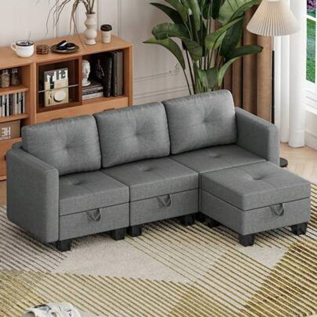 SHEIN 2 3 4 Seater Sofa With With Reversible Chaise, Corner Linen Fabric Sofa With Storage Seat, Convertible Sofa Set With Ottoman For Living Room Or Office
