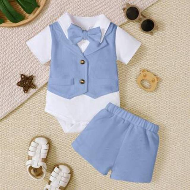 SHEIN AfterClass 3pcs Infant Boys&#39; Christening Outfit Set: Short Sleeve Collar Spliced Waffle Texture Vest 2 In 1 Bodysuit + Shorts + Bowtie, Cute Christeni