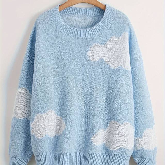 TEMU Plus Size Women's Oversized Loose Fit Geometric Cloud Pattern Sweater - Soft Long Sleeve Round Neck Pullover For Fall Winter, Cozy Wardrobe Essential, Winter , Relaxed , Durable Winter Wear