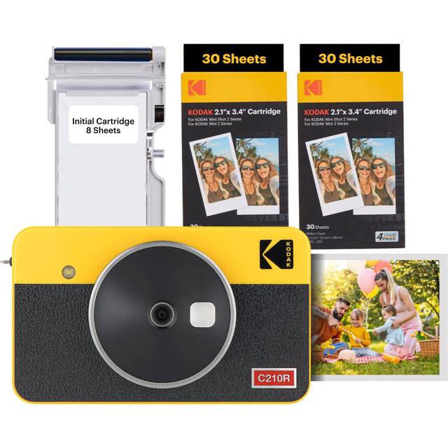 KODAK Mini Shot 2 Retro 4Pass 2-in-1 Instant Camera and Photo Printer (5.3 x 8.6 cm) + Initial 8 Sheets + 60 Sheets Bundle, White