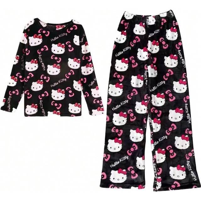 (3, M) Winter Hello Kitty Pajamas Set Flannel Pants Kawaii Cartoon Pajama Suit Warm Thickened Woman Pants Plush Homewear Cute Sleepwear