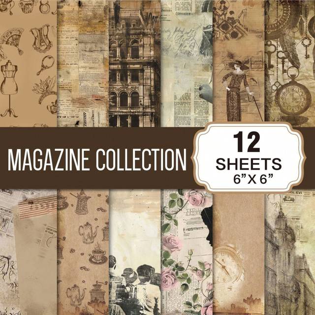 (G038-Magazine Collection Scrapbook Set, 15x15cm 12 pieces/set) Magazine style background paper 12 sheets scrapbook material paper European and Americ