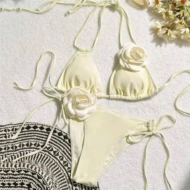 (SZBS013-Beige, S) Sexy Flower Bandeau Swimwear Thong Bikini 2025 Women Lace-up Swimsuits Swimming Bathing Suit Brazilian Bikinis Set Mujer Biquini