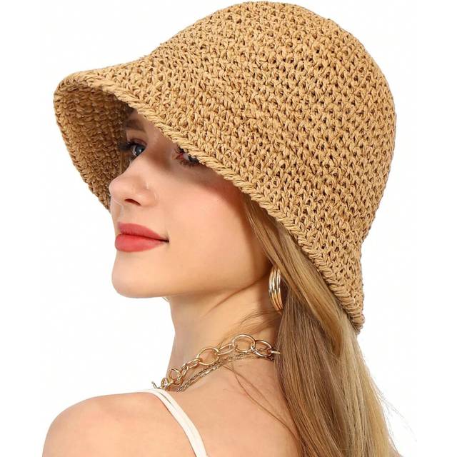 (Khaki) Women's Summer Straw Panama Hat Wide Brim Foldable Beach Sun Hat Breathable Sun Cap