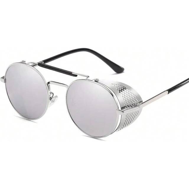 (Silver silver mirror, with pouch and cloth) Trendy Retro Steampunk Sunglasses Men Brand Designer Round Steam Punk Alloy Sun Glasses Goggle For Women