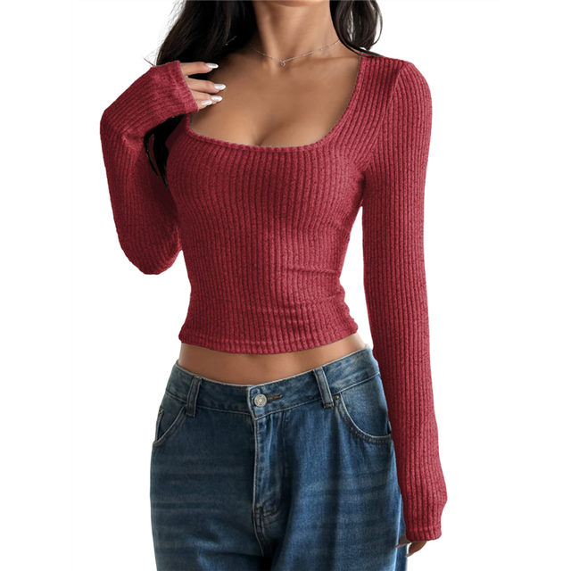 (L, Crimson) Womens Basic T Shirts Autumn Tops 2025 Long Sleeve Crop Slim Fit Gym Workout Y2k Clothes S