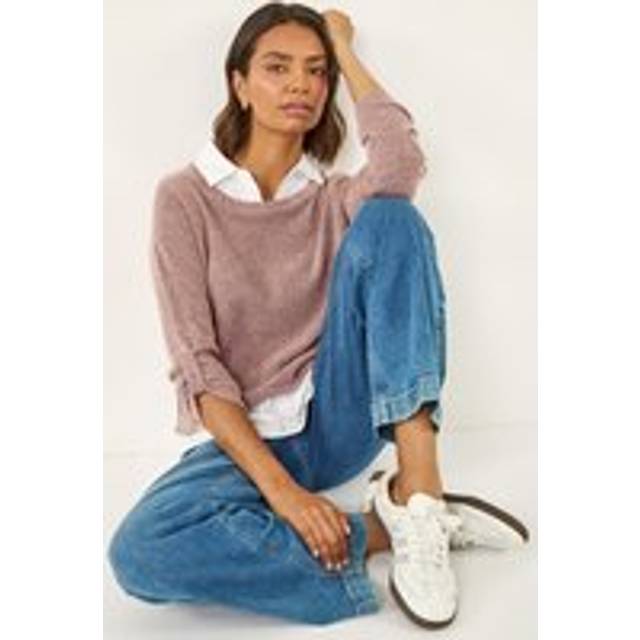 Mock Shirt Textured Knit Jumper - Pink - 16