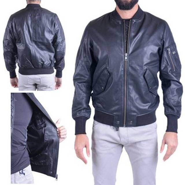 Men's DIESEL L PARKER Mens Bomber Jacket Black Zipped Casual Quilted Leather Jacket - Size: Regular/36