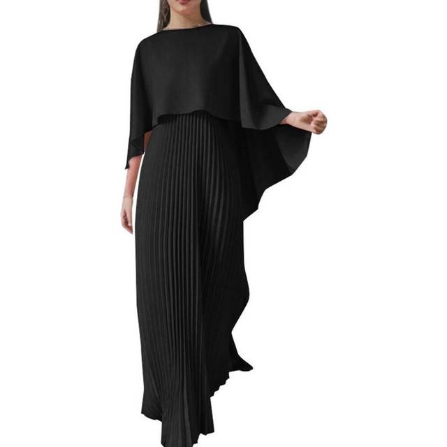 (black, S) ZANZEA Womens Casual Fake Two Piece Long Sleeve Pleated Long Dress