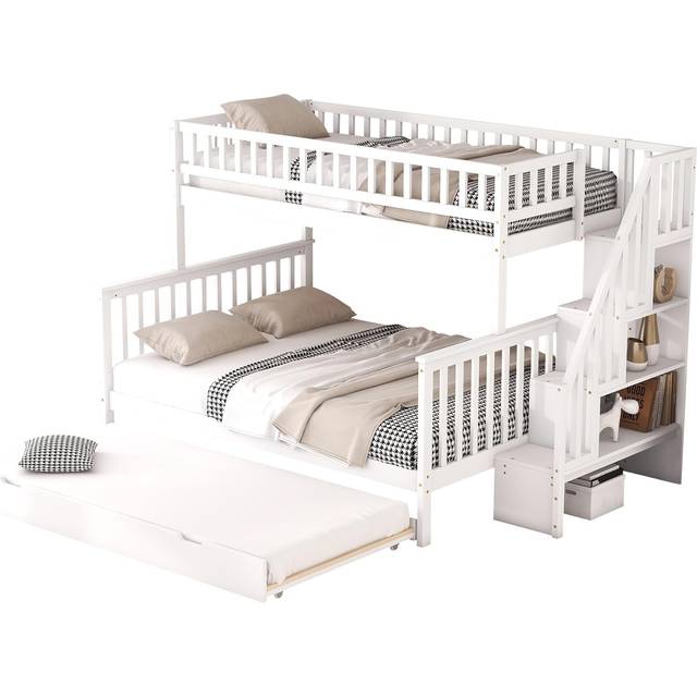 I0I&I0I Utrymmesbesparande våningssäng 90 x 200 över 140 x 200 med rullsäng och trappa, traditionell design, högkvalitativ furu (vit)