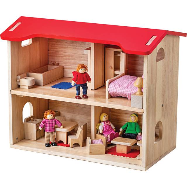 Bigjigs Toys Complete Wooden Dolls House, With Furniture, Red
