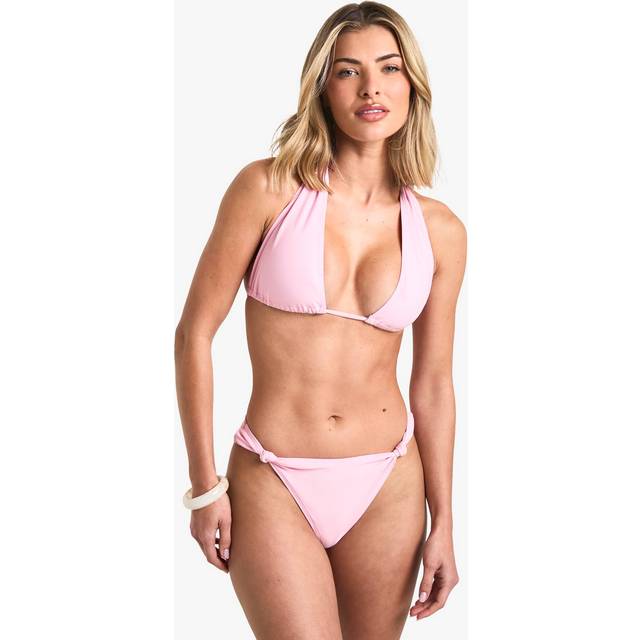 Womens Knot Detail Triangle Bikini Top & High Leg Bikini Bottoms Set - Pink - 6, Pink