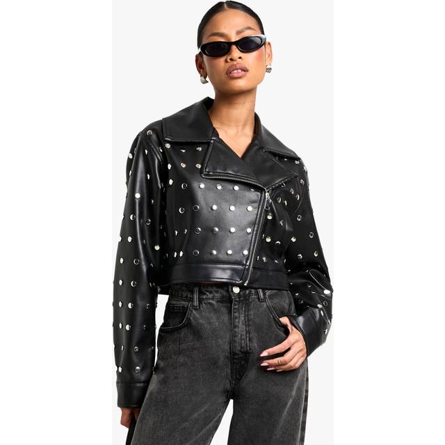 Womens Studded Crop Faux Leather Jacket - Black - 14, Black