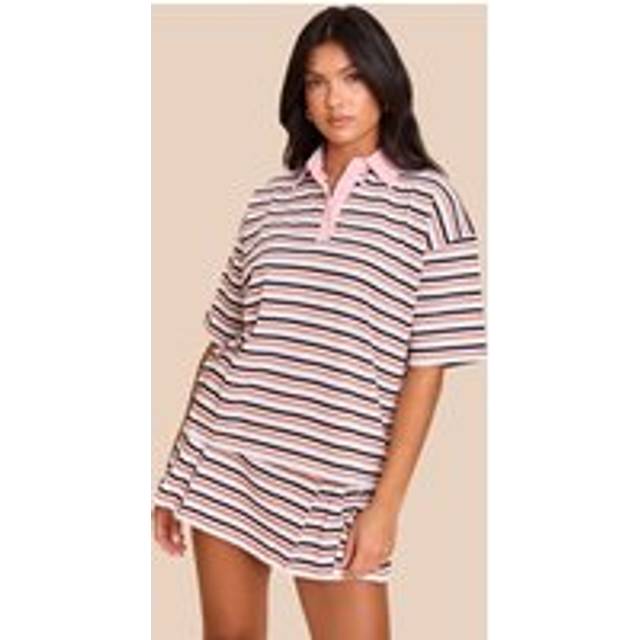 Pink Striped Oversized Collared T-shirt, Pink - 16