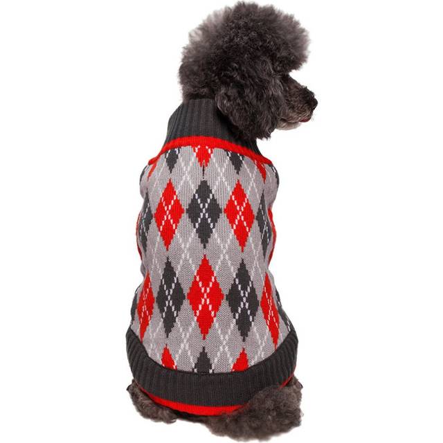 "Blueberry Pet Chic Argyle All Over Dog Sweater in Charcoal and Scarlet Red, Back Length 16"", Pack of 1 Clothes for Dogs"