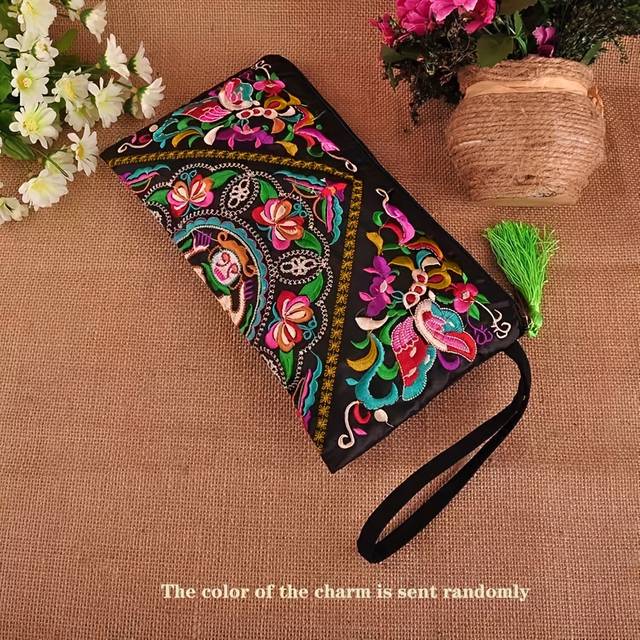 TEMU Bohemian Embroidered Polyester Clutch With Tassel, Women's Retro Ethnic Flower Handbag, Foldable Zipper Closure With Fixed Shoulder Straps, Occasion Theme Wristlet Coin Purse