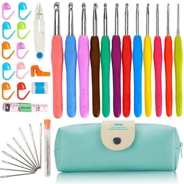 (As show, One size) Large-Eye Blunt Needles Yarn Knitting Plus Crochet Hooks Set,Ergonomic Handle Crochet Hooks Needles For Arthritic Hands