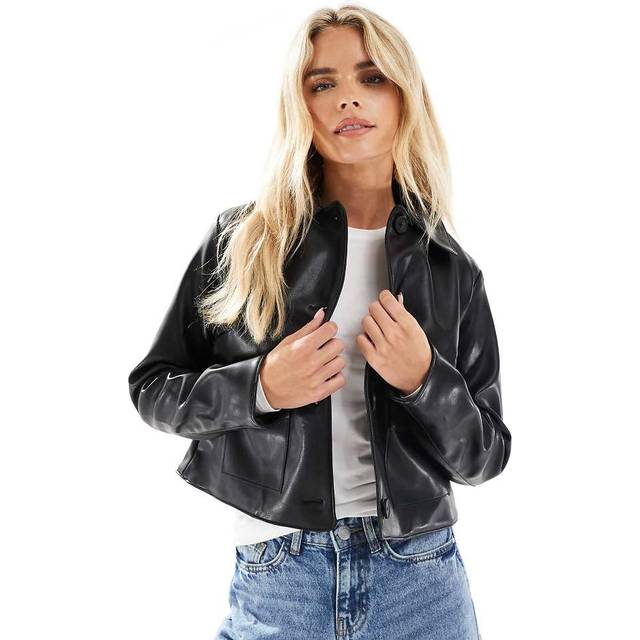 New Look Women's Petite Black Faux Leather Button Up Jacket - UK 14