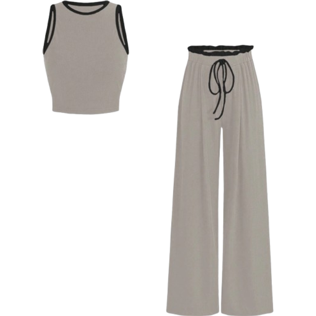 Flirla 2pcs/Set Contrast Color Trim Round Neck Tank Top + Knotted Long Pants Casual Outfit
