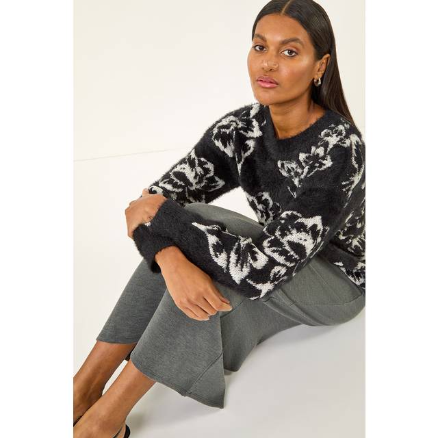 Fluffy Floral Knit Jumper - Black - 16