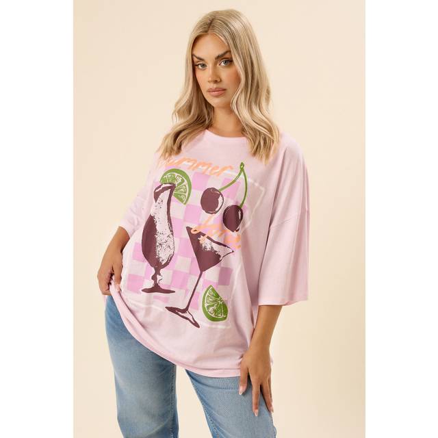 Yours Curve Pink 'Summer Spritz' Oversized Tshirt, Women's Curve & Plus Size, Yours - 14