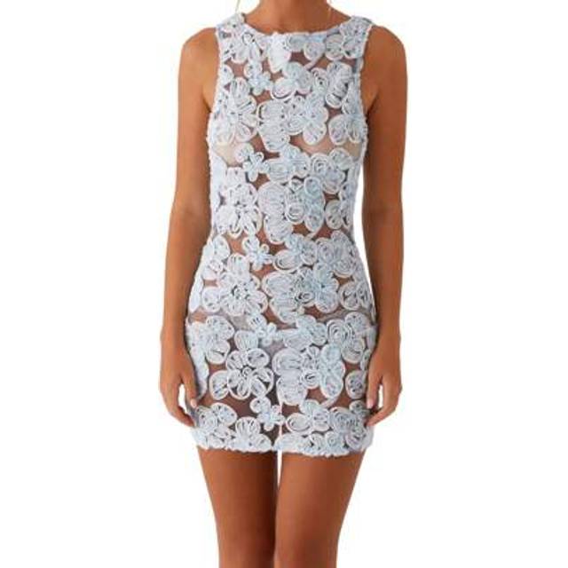 SHEIN Women Flower Sheer Tank Dress Slim See Through Boat Neck Sleeveless Mini Boydcon Dress For Party Club