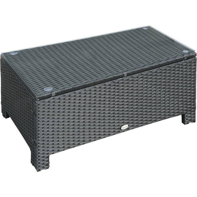 Outsunny Garden Rattan Side Table,Wicker Coffee Desk - Glass Top - Black | TJ Hughes