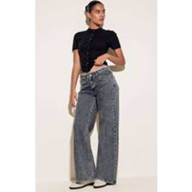 Grey Frayed Waistband Low Waist Straight Leg Jean, Grey - 8