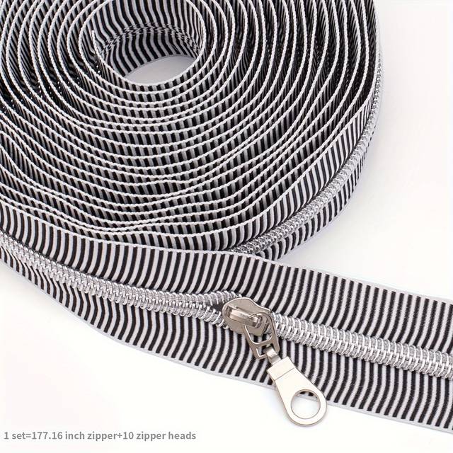 TEMU 5 Yards Zipper + 10 Zipper Pull, 5# Webbing Zipper, Striped Webbing, Optional, With 10 Zipper Pulls, Suitable For Luggage, Diy Handmade