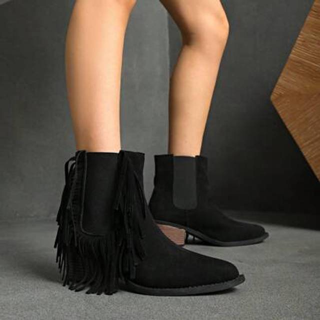SHEIN Fringe Elastic Slip-On Square Toe Ankle Boots, Suitable For Sports And Commuting