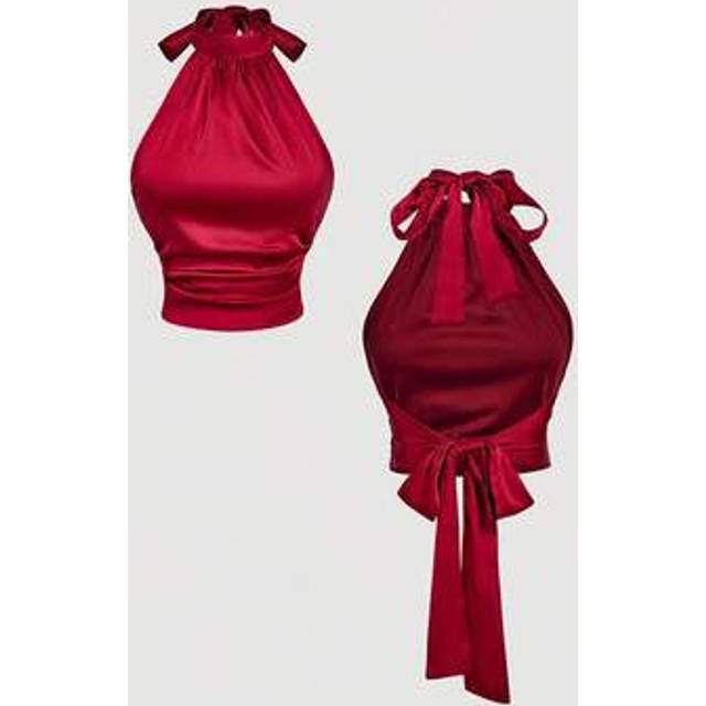 SHEIN Women&#39;s Wine Red Tie Neck Bow Blouse, Red Satin Top