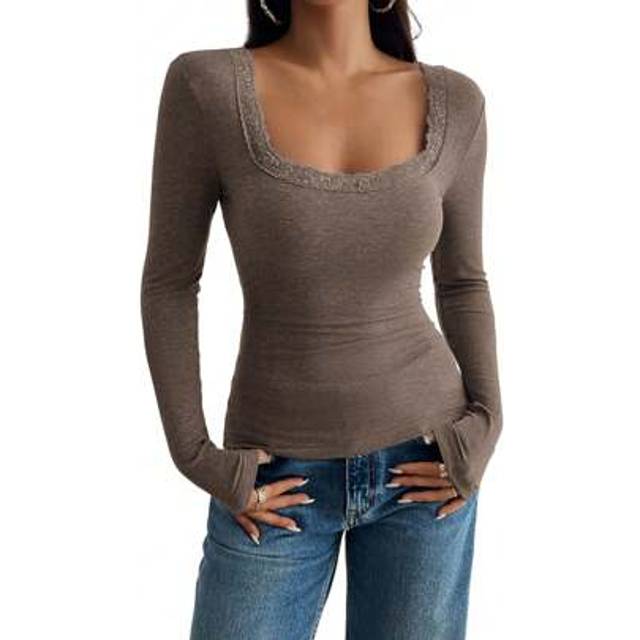 SHEIN Women&#39;s Lace Long Sleeve Top - Autumn Slim Fit Knitted Blouse U Neck Going Out Shirt Elegant Fitted Party  Dinner Outfit