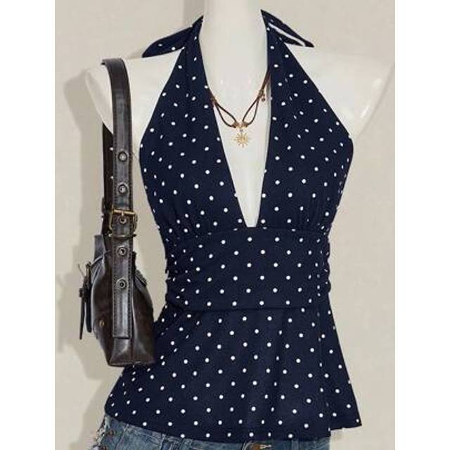 SHEIN Halter Deep V-Neck Cinched Waist A-Line Backless Polka Dot Camisole Navy Blue Halter Tank Top